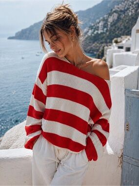 H&M Red and White Striped Crewneck Sweater